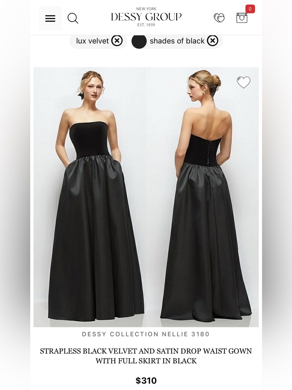 Dessy Collection Strapless Black Velvet & Satin Evening Gown